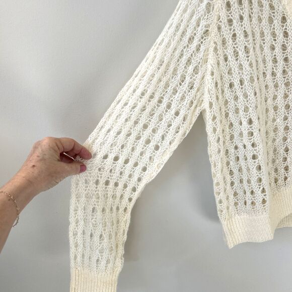 Elle Grey Womens Angora Crochet V Neck Cardigan Cream Boho Cottagecore NWT - Picture 7 of 15